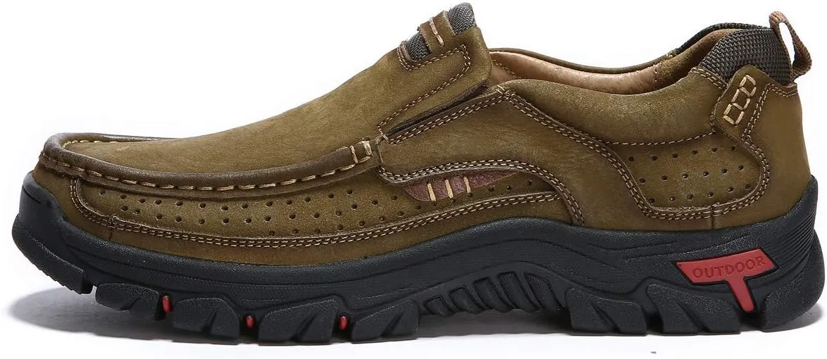 CHICLOVEY Men's Slip-on Hiking Shoes Leather Casual Outdoor Walking Sneaker