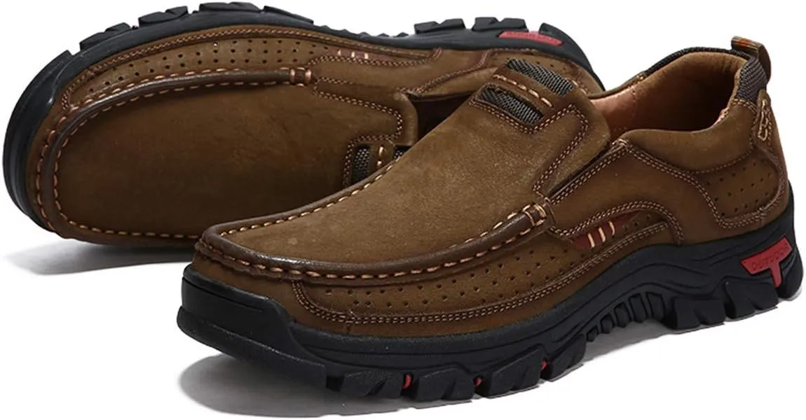 CHICLOVEY Men's Slip-on Hiking Shoes Leather Casual Outdoor Walking Sneaker
