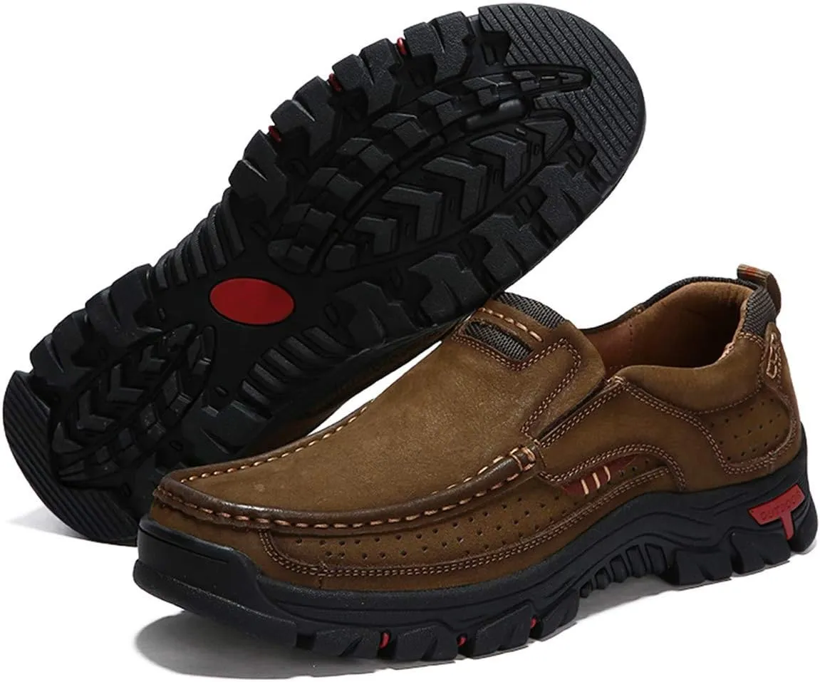 CHICLOVEY Men's Slip-on Hiking Shoes Leather Casual Outdoor Walking Sneaker
