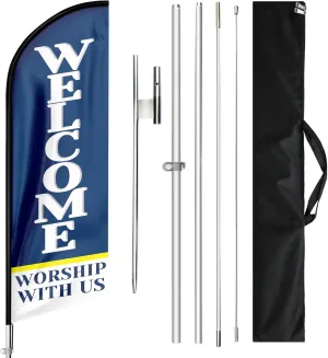 Church Flags for Worship, 11FT Windless Welcome Worship Church Flags for Outside with Aluminum Alloy Flagpole, Stainless Steel Ground Stake, Portable Bag, Welcome Sign for Church