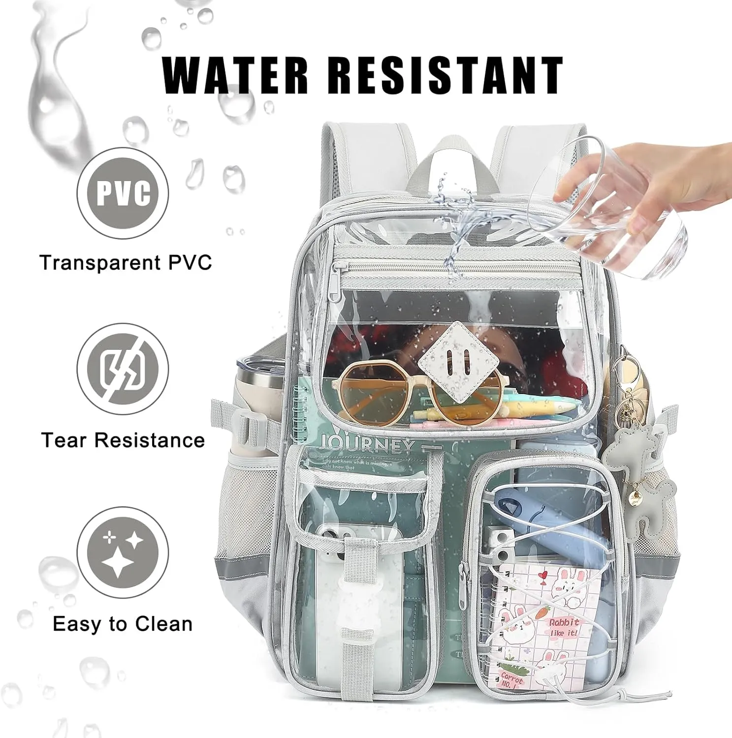 Clear Backpack for Girls Women, Heavy Duty Transparent School Backpack Bookbag with Giraffe Keychain (Grey)