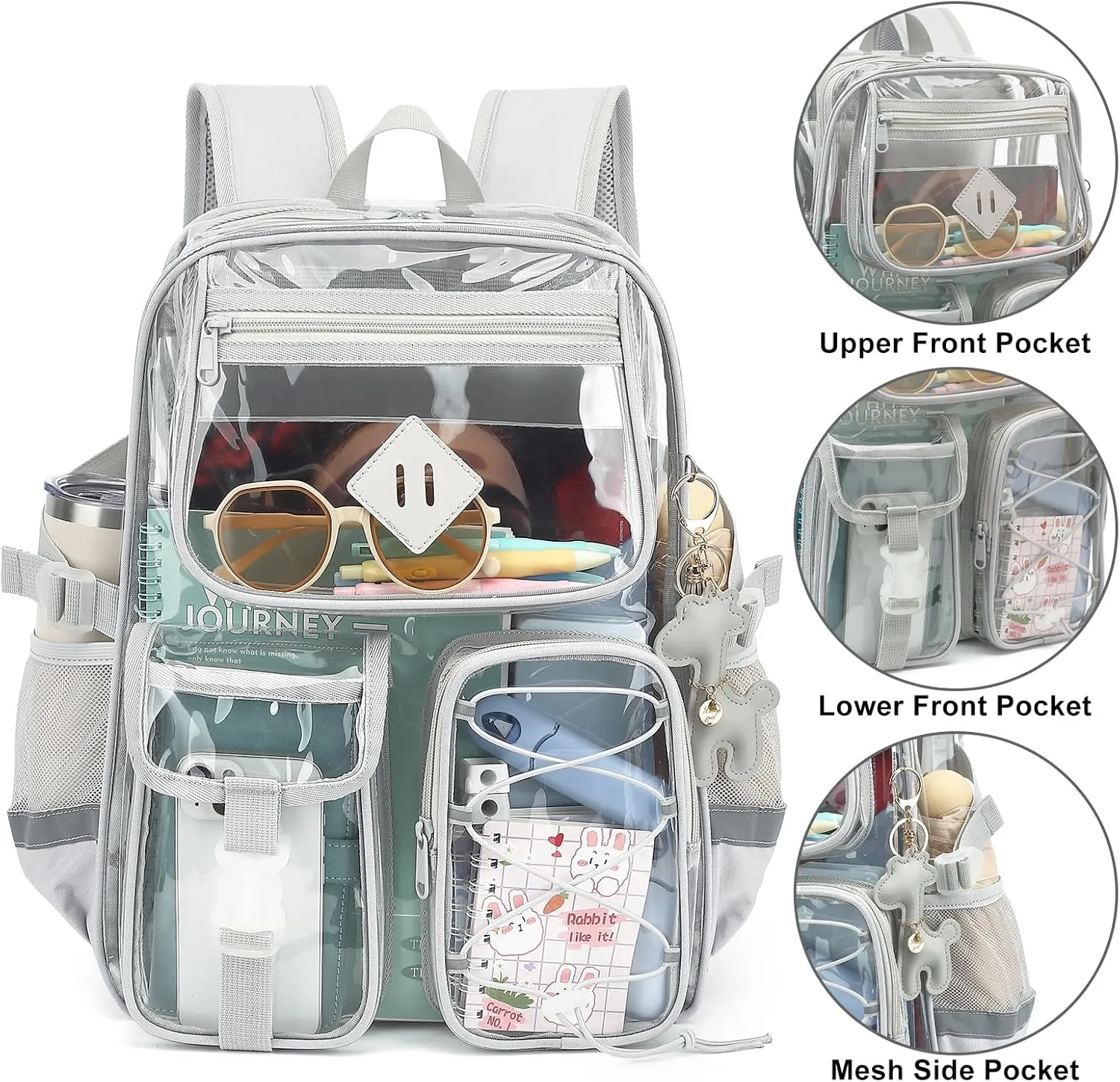 Clear Backpack for Girls Women, Heavy Duty Transparent School Backpack Bookbag with Giraffe Keychain (Grey)