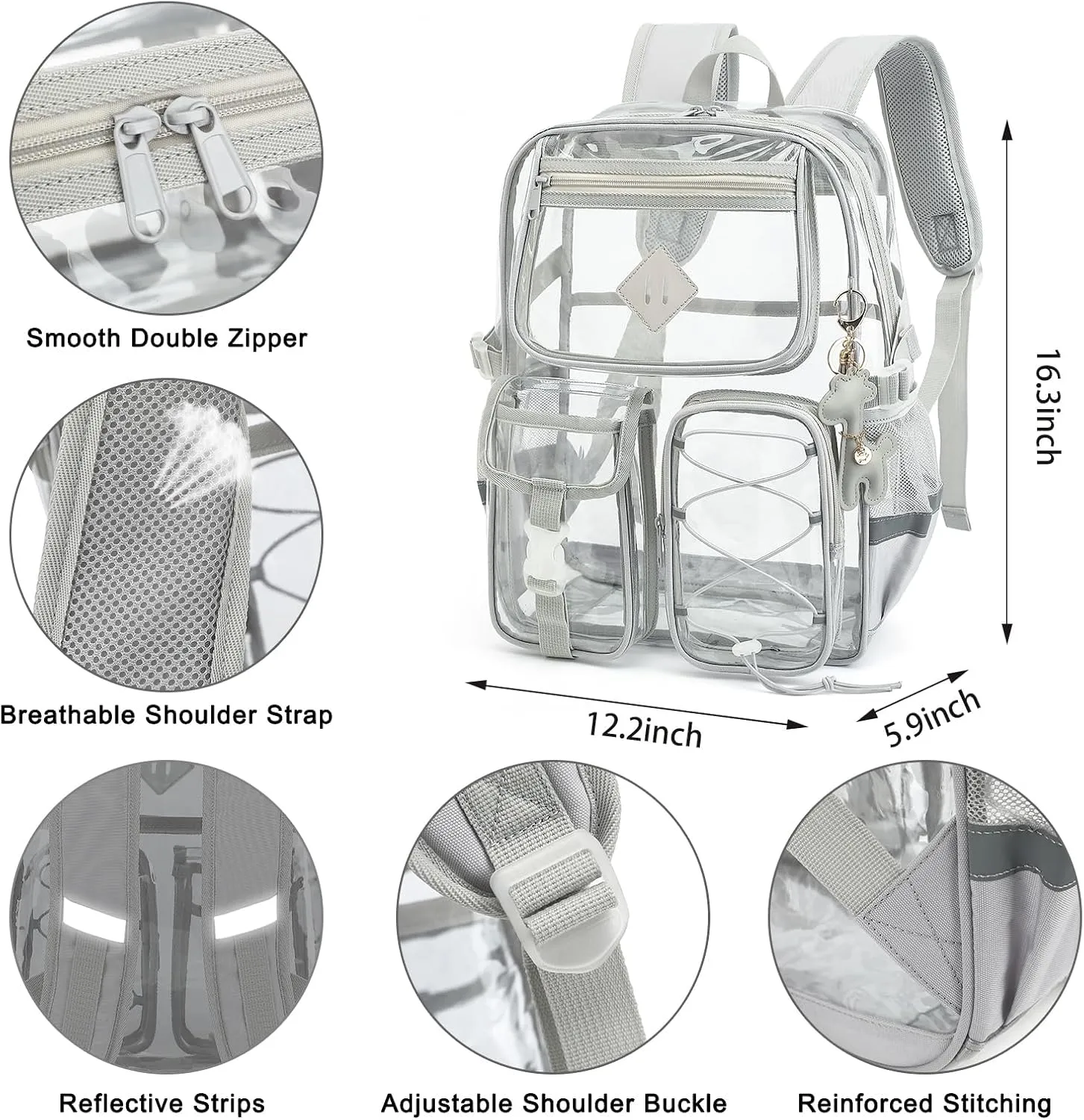 Clear Backpack for Girls Women, Heavy Duty Transparent School Backpack Bookbag with Giraffe Keychain (Grey)