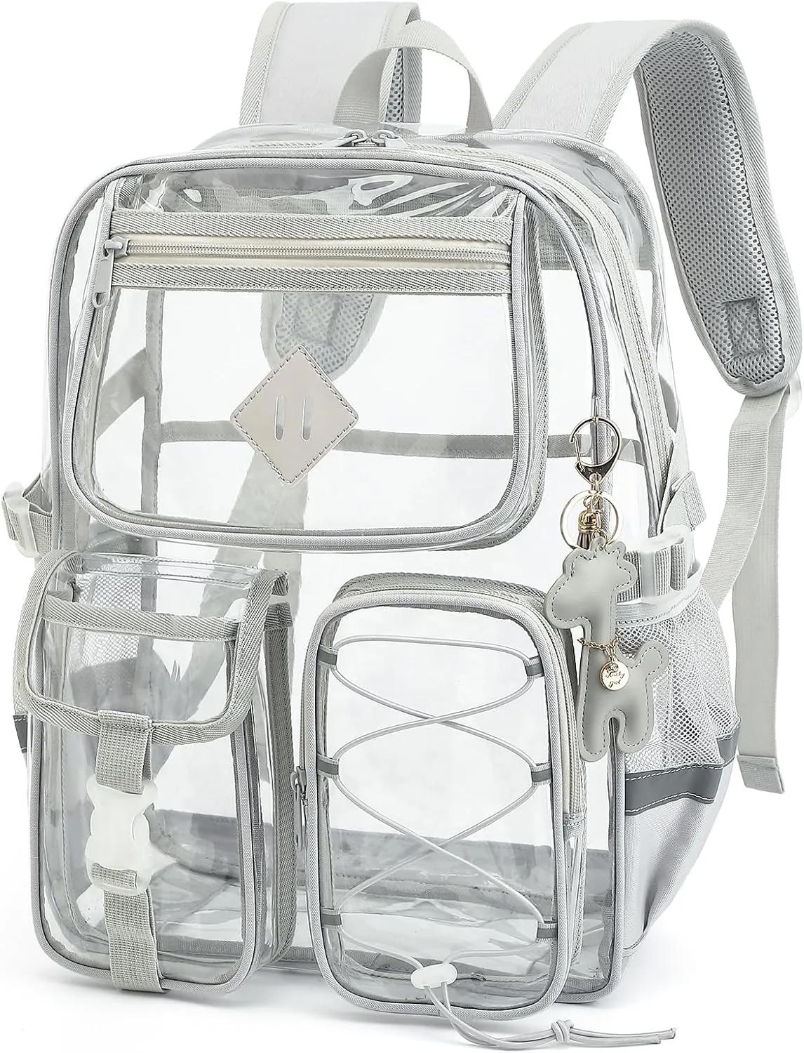 Clear Backpack for Girls Women, Heavy Duty Transparent School Backpack Bookbag with Giraffe Keychain (Grey)