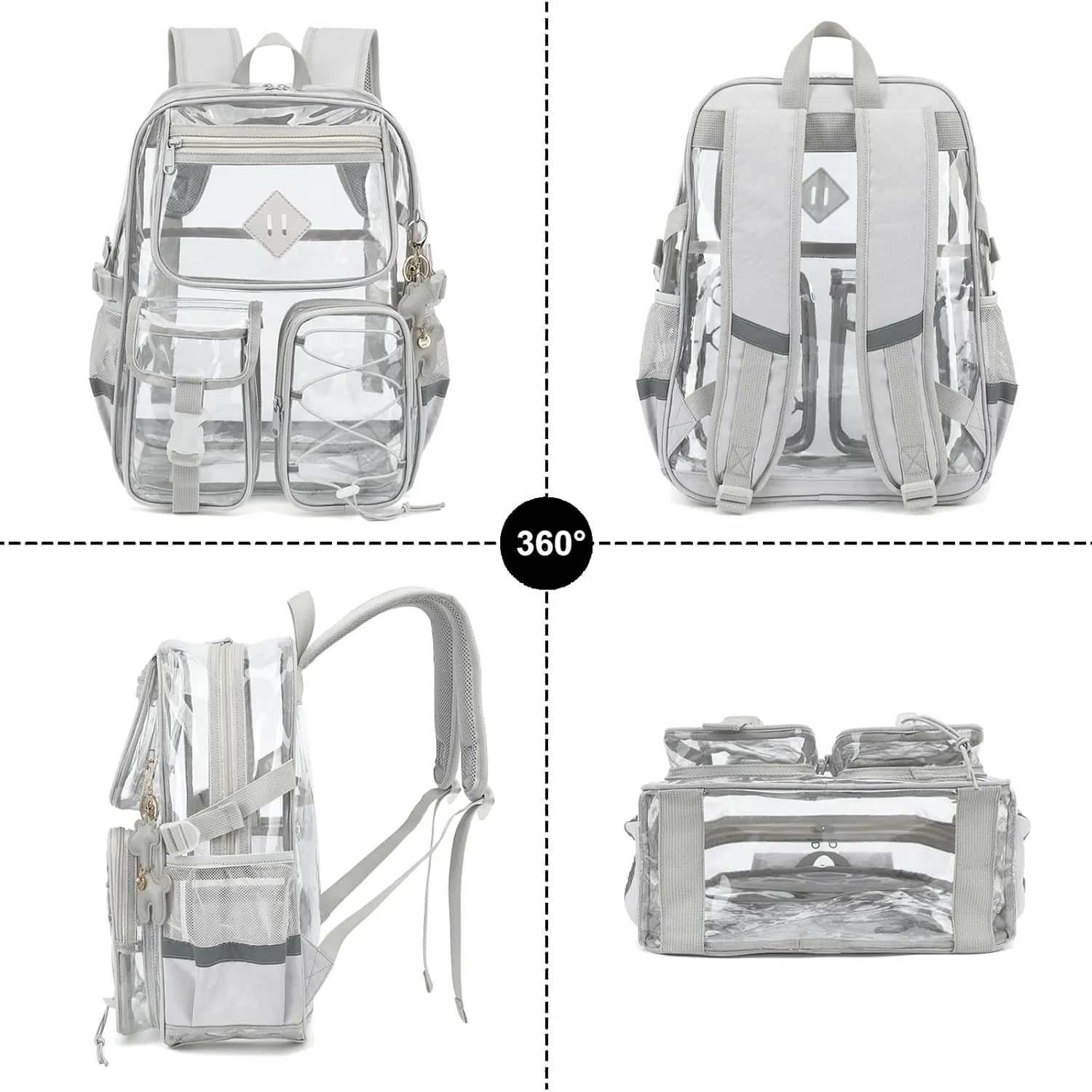Clear Backpack for Girls Women, Heavy Duty Transparent School Backpack Bookbag with Giraffe Keychain (Grey)