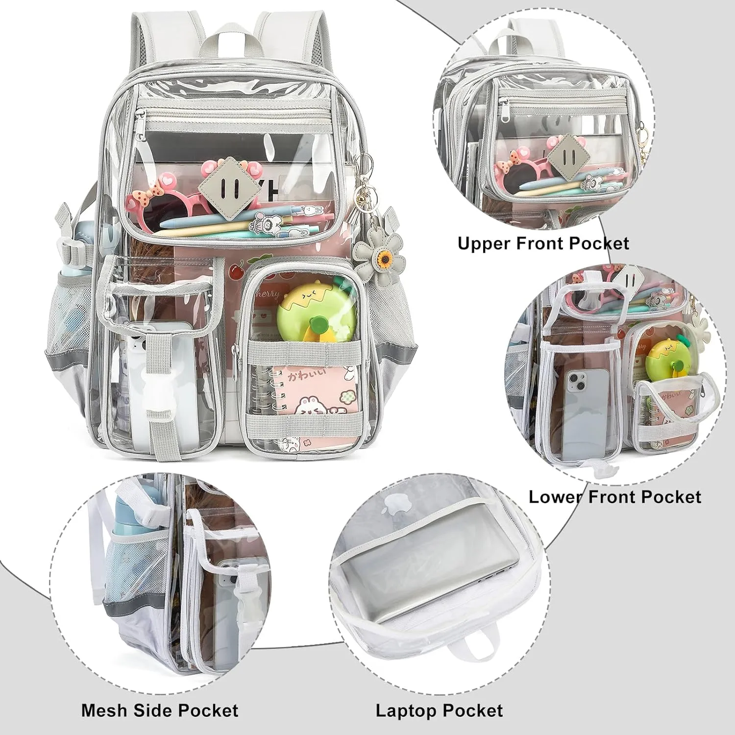 Clear Backpack for School, Heavy Duty Transparent Bookbag for Girls Women with Sunflower Keychain
