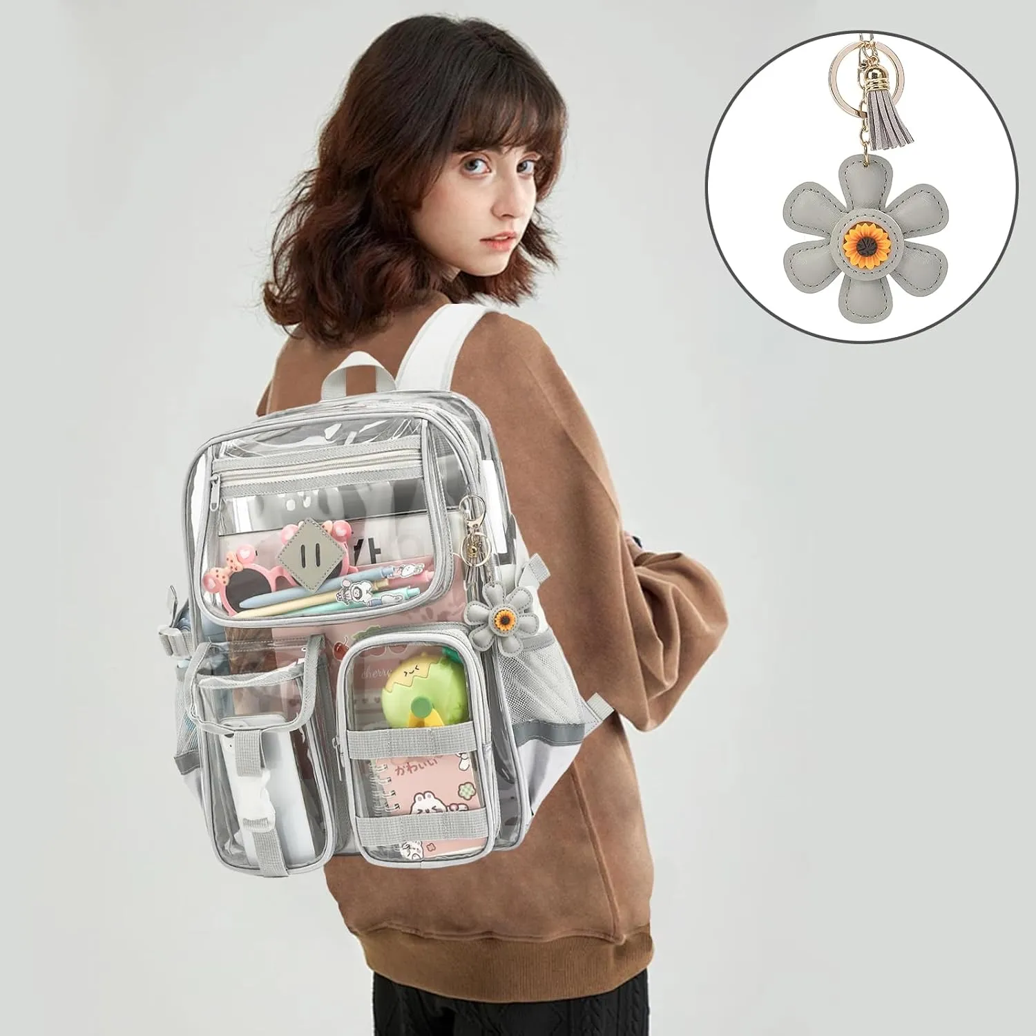 Clear Backpack for School, Heavy Duty Transparent Bookbag for Girls Women with Sunflower Keychain