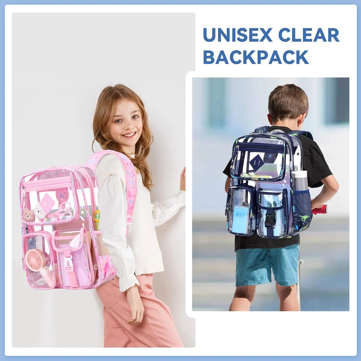 Clear Backpack for School,Heavy Duty PVC Transparent Bookbag for Girls Stadium Approved See Through Backpack