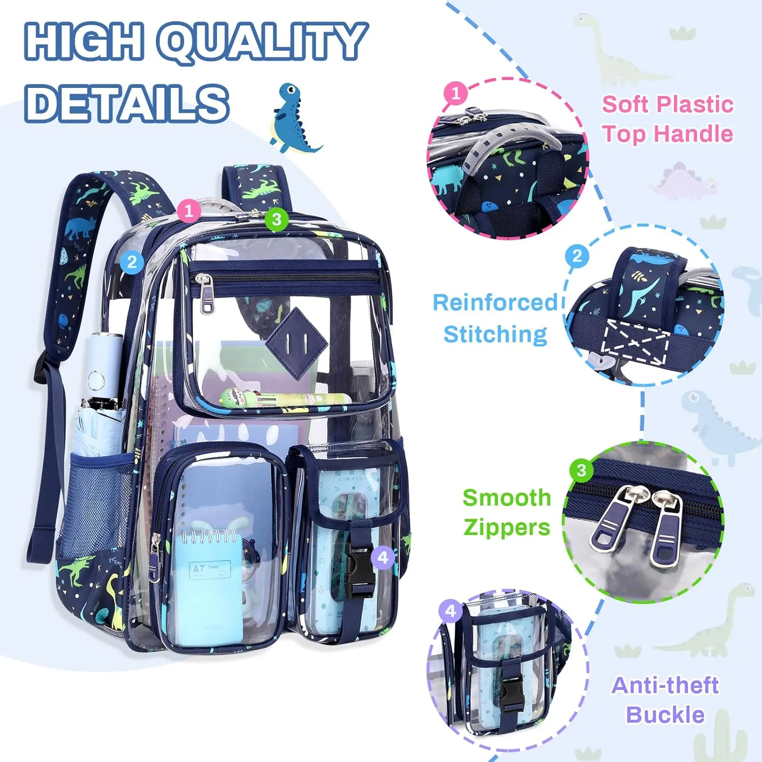 Clear Backpack for School,Heavy Duty PVC Transparent Bookbag for Girls Stadium Approved See Through Backpack