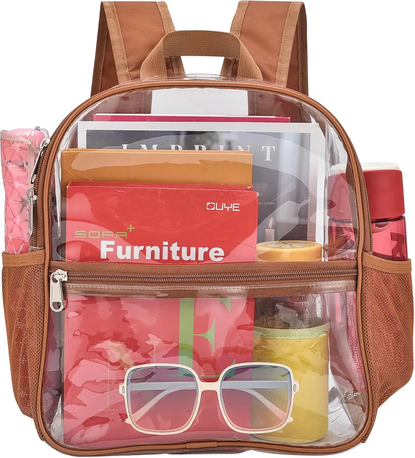 Clear Backpack for Stadium Events 12x12x6 Mini Small Clear Backpack with Front Pocket for Concert Sport Events Work Travel(Coffee brown)