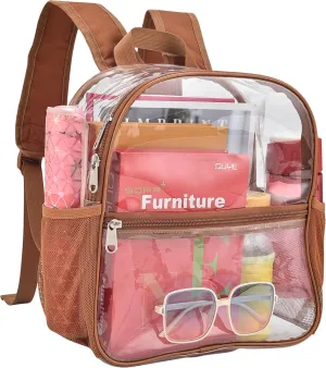 Clear Backpack for Stadium Events 12x12x6 Mini Small Clear Backpack with Front Pocket for Concert Sport Events Work Travel(Coffee brown)