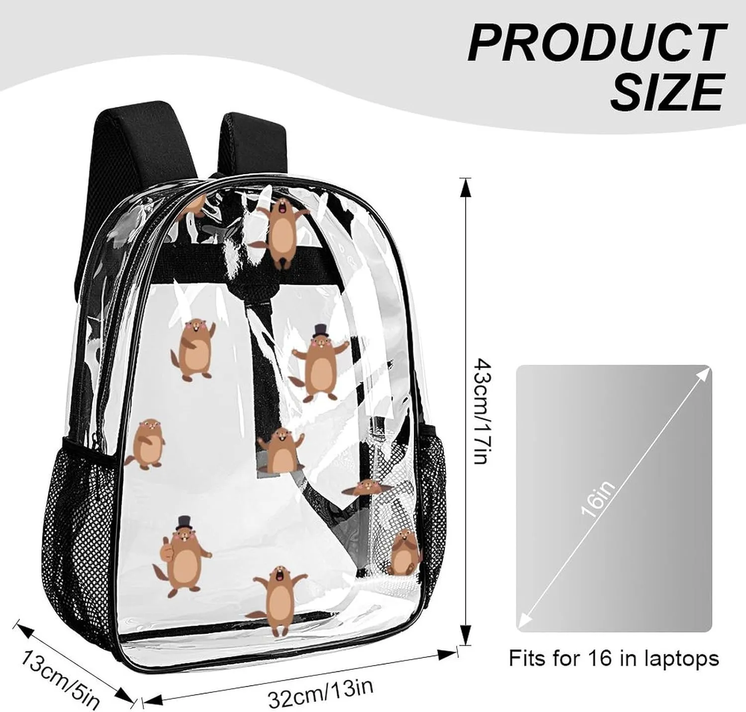 Clear Backpack for Stadium Events Concert Cute Cartoon Marmot Waterproof Heavy Duty for Adult Women Men Summer Clear Transparent Bag for Sport Event Work