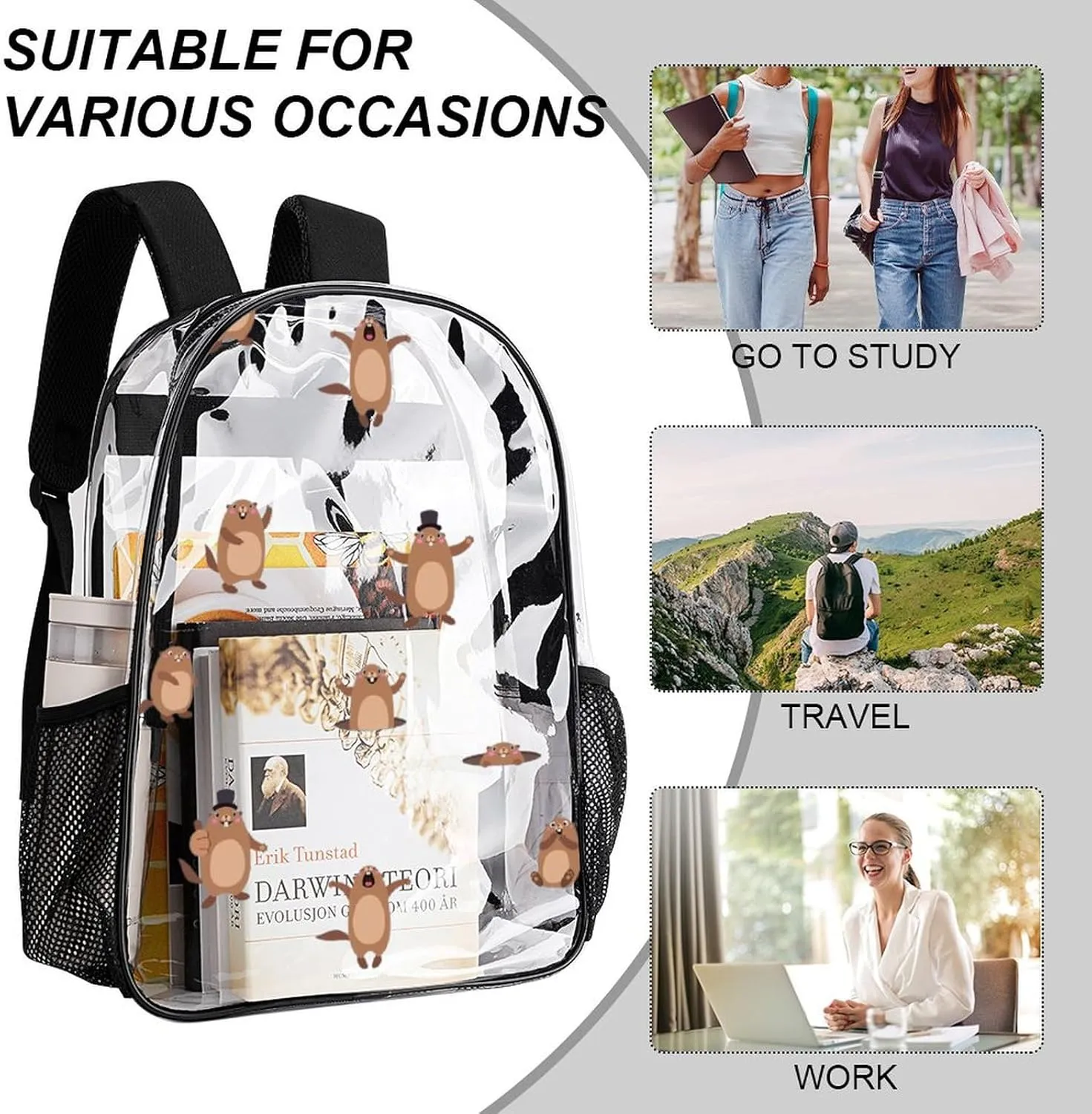 Clear Backpack for Stadium Events Concert Cute Cartoon Marmot Waterproof Heavy Duty for Adult Women Men Summer Clear Transparent Bag for Sport Event Work