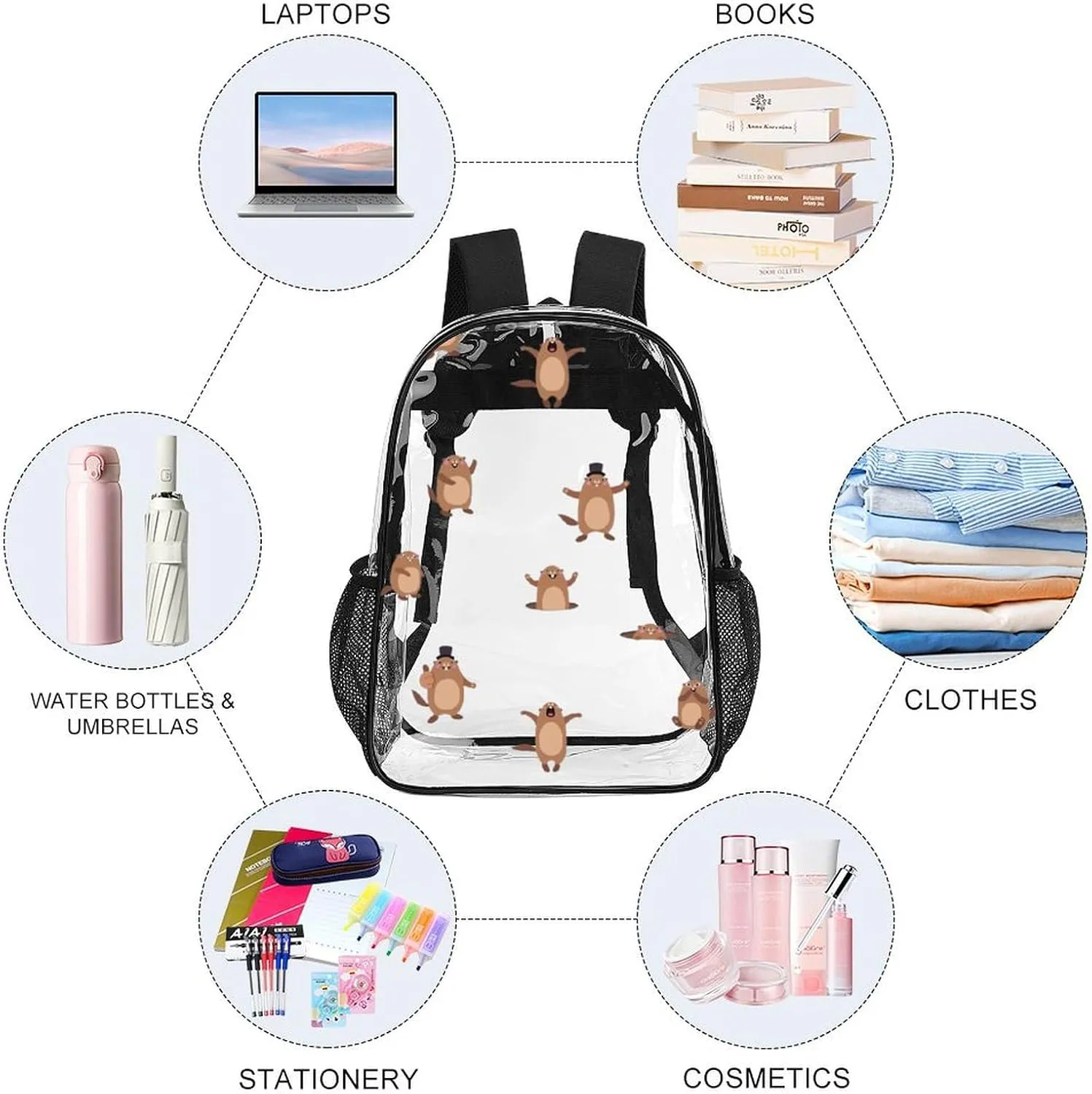 Clear Backpack for Stadium Events Concert Cute Cartoon Marmot Waterproof Heavy Duty for Adult Women Men Summer Clear Transparent Bag for Sport Event Work