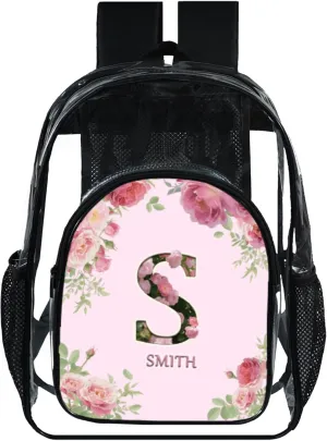 Clear Backpack for Teens & Girls - 17 Inches Flower Transparent TPU Large Bookbag with Monogram Customization - Heavy Duty Backpacks for Concerts, Airport, School, Travel, Gym (Black)