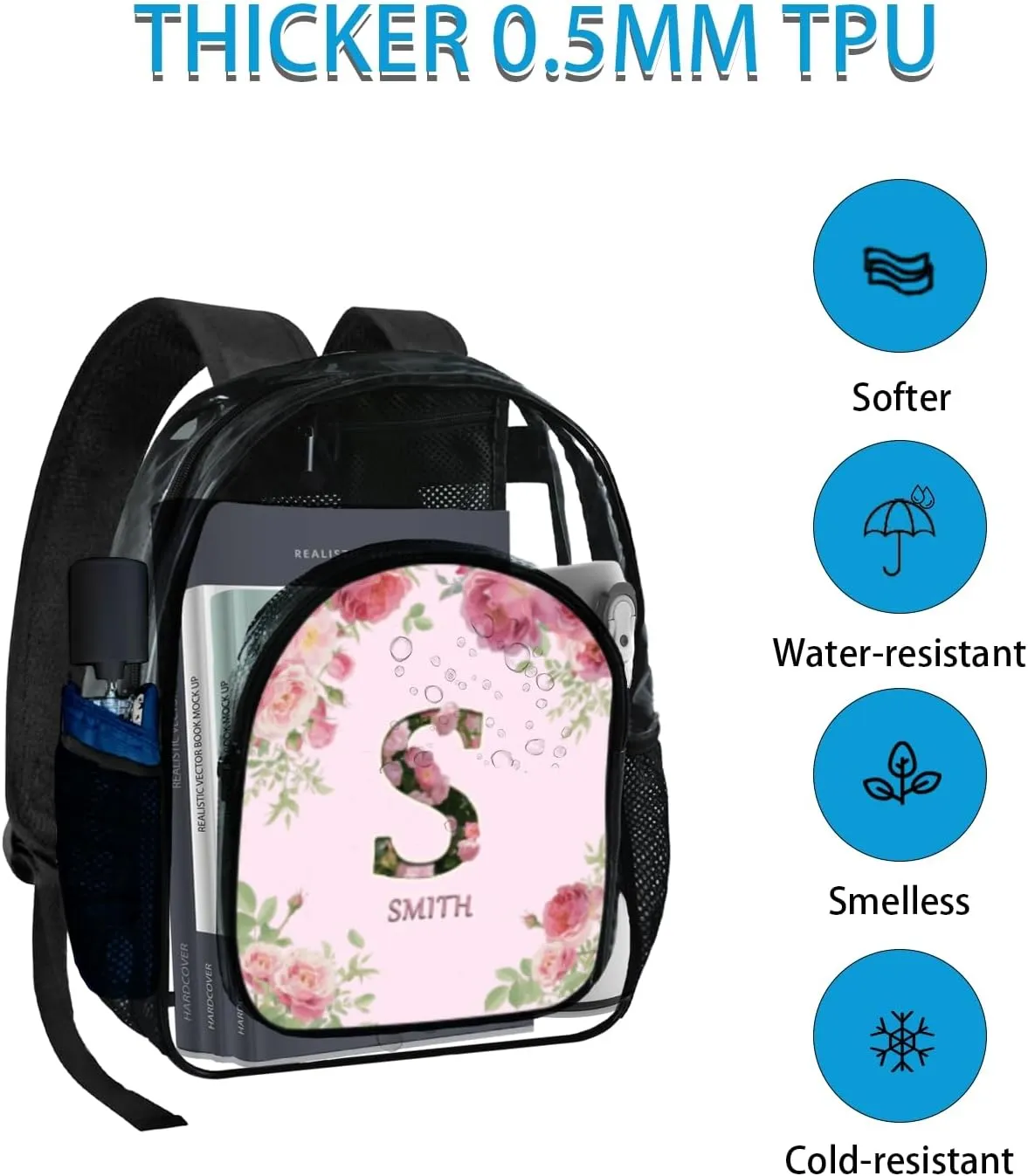 Clear Backpack for Teens & Girls - 17 Inches Flower Transparent TPU Large Bookbag with Monogram Customization - Heavy Duty Backpacks for Concerts, Airport, School, Travel, Gym (Black)