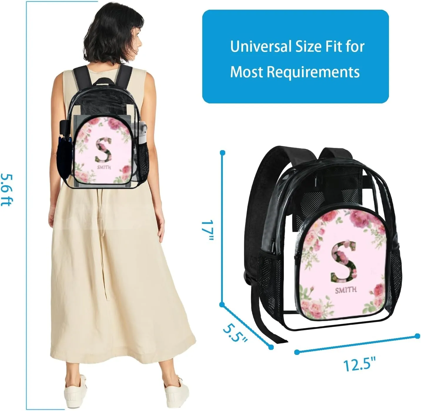 Clear Backpack for Teens & Girls - 17 Inches Flower Transparent TPU Large Bookbag with Monogram Customization - Heavy Duty Backpacks for Concerts, Airport, School, Travel, Gym (Black)