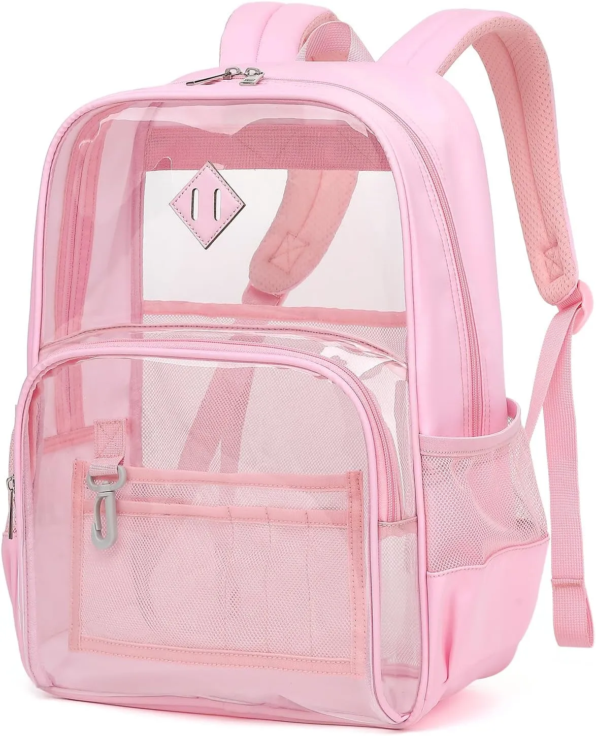 Clear Backpack Heavy Duty for School & College - Waterproof PVC & Oxford Fabric 2-in-1 Design, Reinforced Shoulder Straps, Clear Bookbag for Girls, Women (Pink)