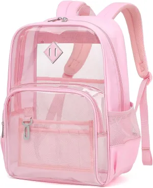 Clear Backpack Heavy Duty for School & College - Waterproof PVC & Oxford Fabric 2-in-1 Design, Reinforced Shoulder Straps, Clear Bookbag for Girls, Women (Pink)