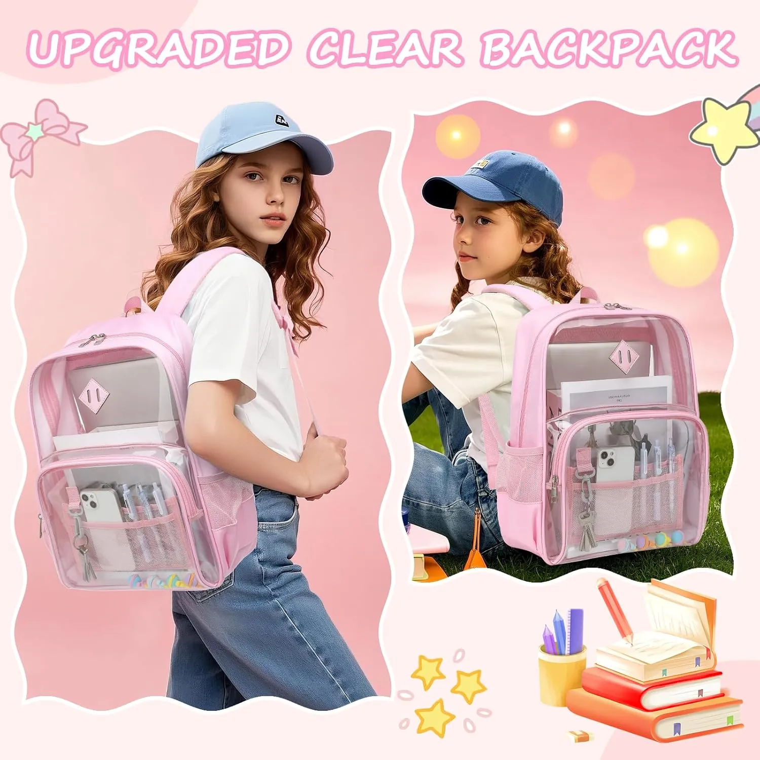 Clear Backpack Heavy Duty for School & College - Waterproof PVC & Oxford Fabric 2-in-1 Design, Reinforced Shoulder Straps, Clear Bookbag for Girls, Women (Pink)