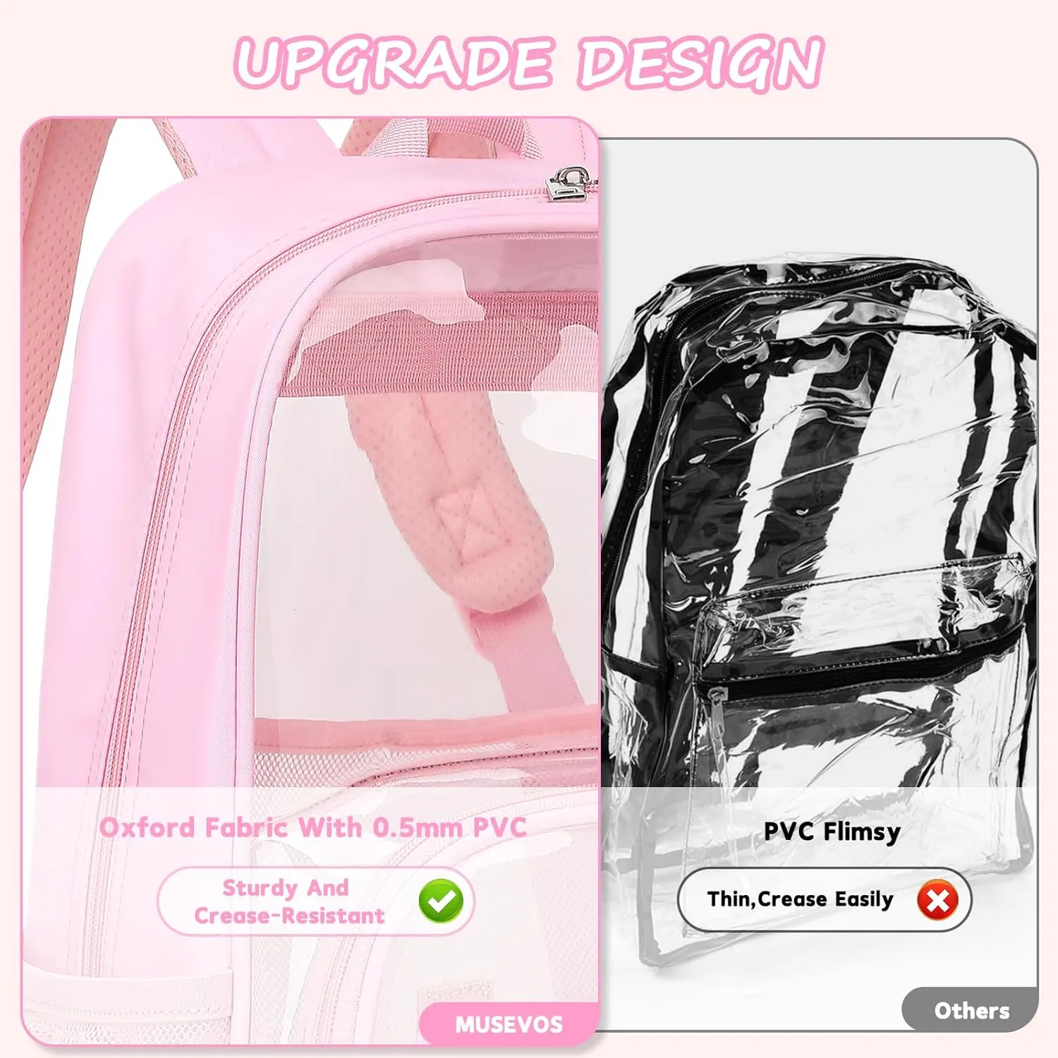 Clear Backpack Heavy Duty for School & College - Waterproof PVC & Oxford Fabric 2-in-1 Design, Reinforced Shoulder Straps, Clear Bookbag for Girls, Women (Pink)