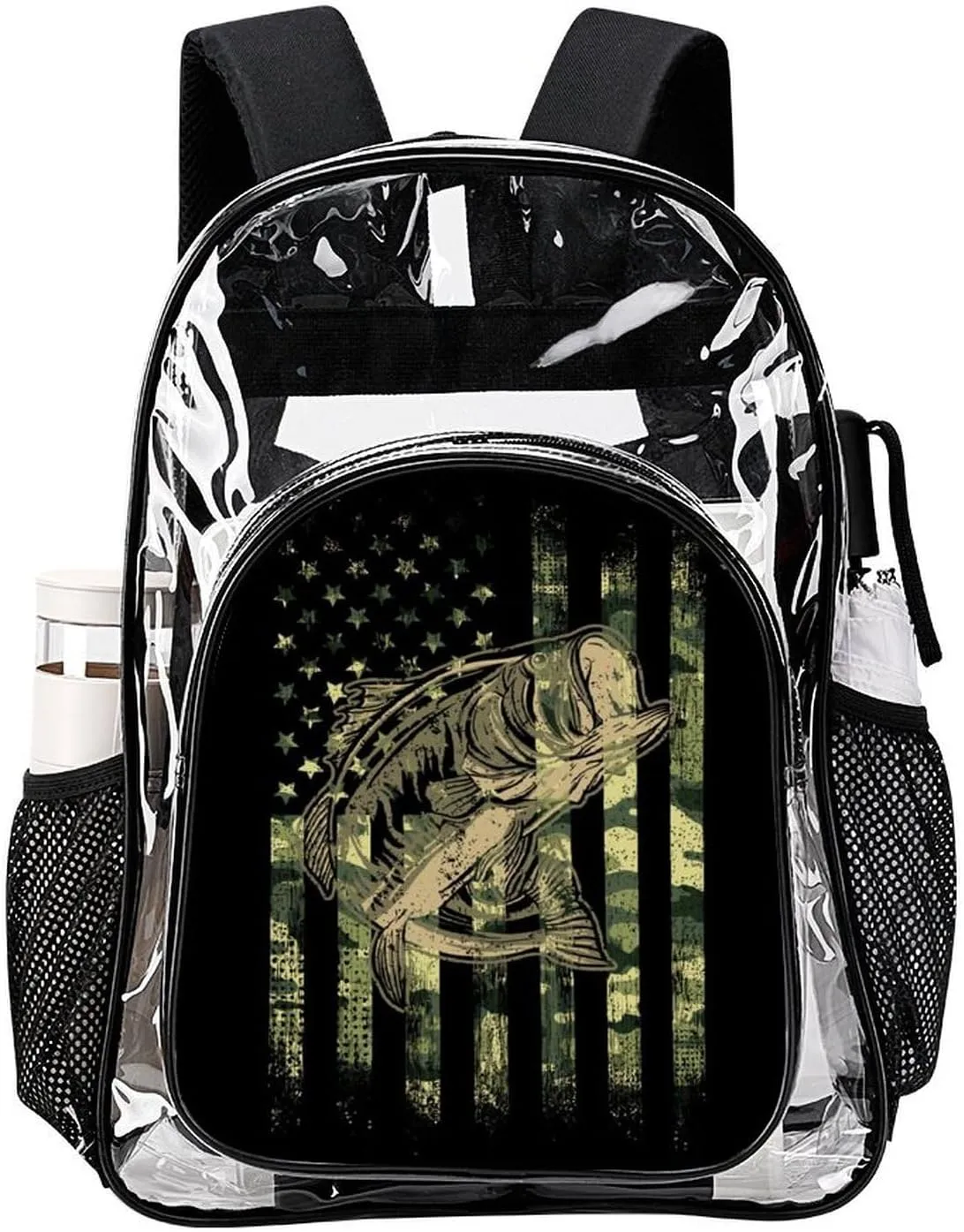 Clear Backpack Heavy Duty Large PVC Transparent Backpack Bass Fishing Hunting Camo Camouflage American Flag See Through Backpack for Sports, Work, Stadium, Security, Travel, College