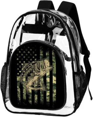 Clear Backpack Heavy Duty Large PVC Transparent Backpack Bass Fishing Hunting Camo Camouflage American Flag See Through Backpack for Sports, Work, Stadium, Security, Travel, College