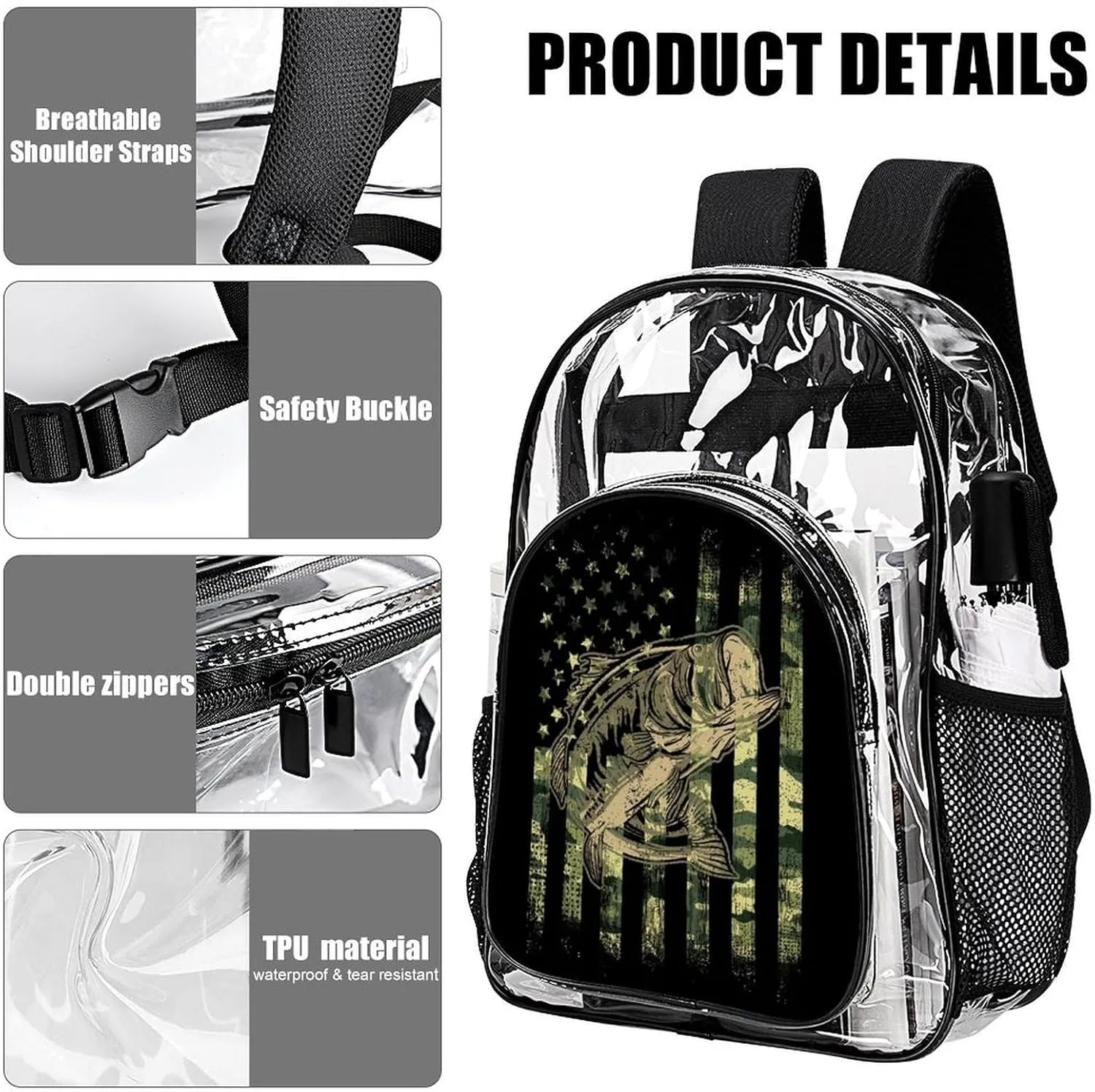 Clear Backpack Heavy Duty Large PVC Transparent Backpack Bass Fishing Hunting Camo Camouflage American Flag See Through Backpack for Sports, Work, Stadium, Security, Travel, College