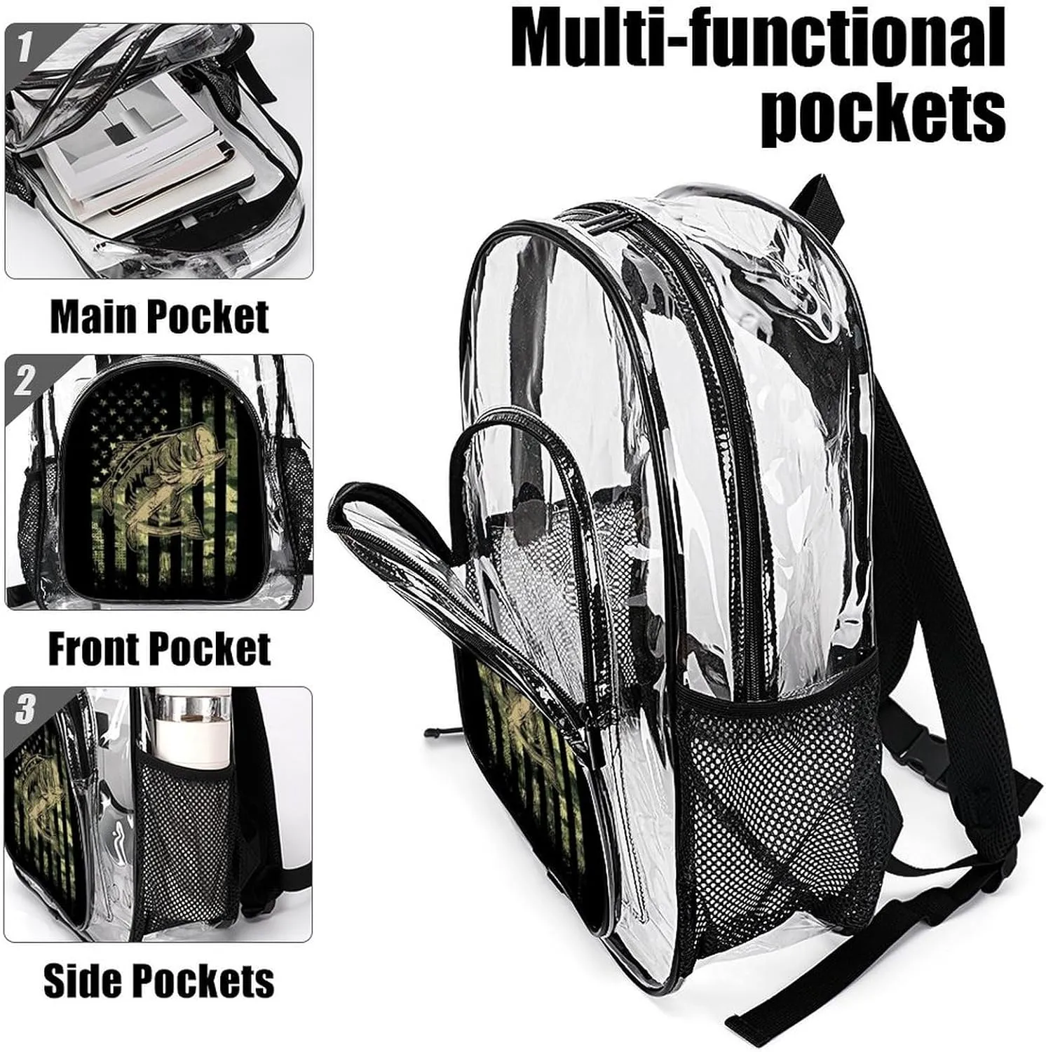 Clear Backpack Heavy Duty Large PVC Transparent Backpack Bass Fishing Hunting Camo Camouflage American Flag See Through Backpack for Sports, Work, Stadium, Security, Travel, College