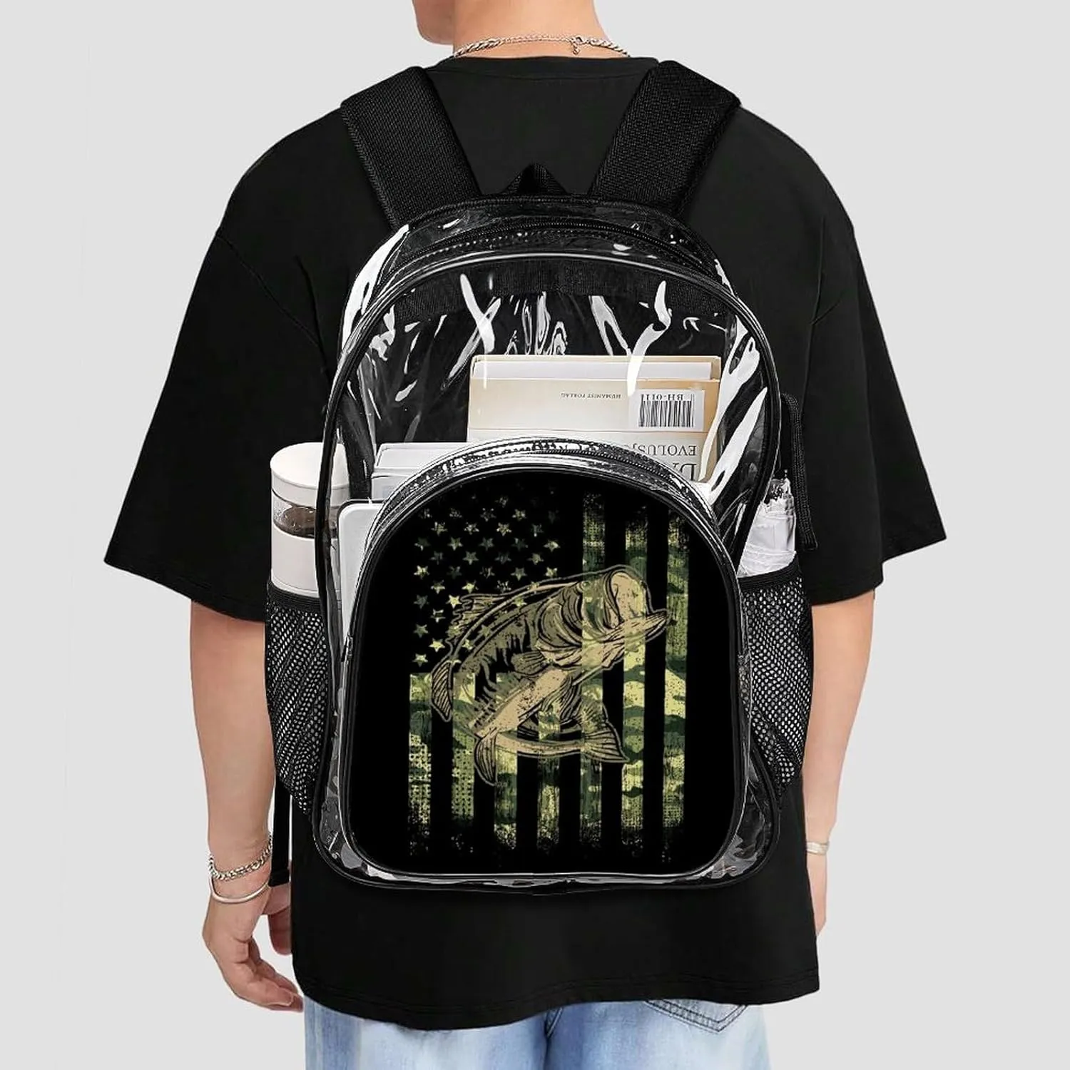 Clear Backpack Heavy Duty Large PVC Transparent Backpack Bass Fishing Hunting Camo Camouflage American Flag See Through Backpack for Sports, Work, Stadium, Security, Travel, College