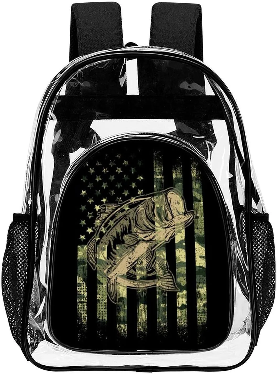 Clear Backpack Heavy Duty Large PVC Transparent Backpack Bass Fishing Hunting Camo Camouflage American Flag See Through Backpack for Sports, Work, Stadium, Security, Travel, College