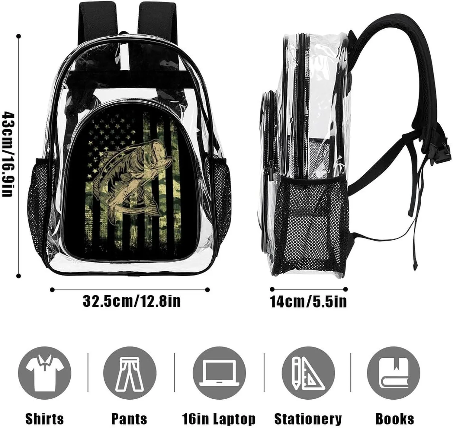 Clear Backpack Heavy Duty Large PVC Transparent Backpack Bass Fishing Hunting Camo Camouflage American Flag See Through Backpack for Sports, Work, Stadium, Security, Travel, College