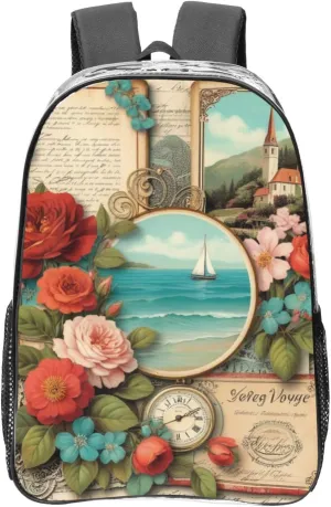 Clear Backpack Heavy Duty PVC Transparent Backpack Large Clear Bag for Travel, Work, Concert, Vintage Voyage Print 16"