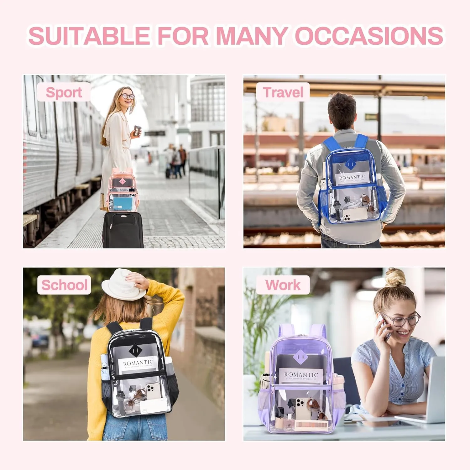 Clear Backpack, Heavy Duty See Through Book Bag for Work, Security, Concerts, College Transparent PVC bookback Stadium Approved, Light Pink