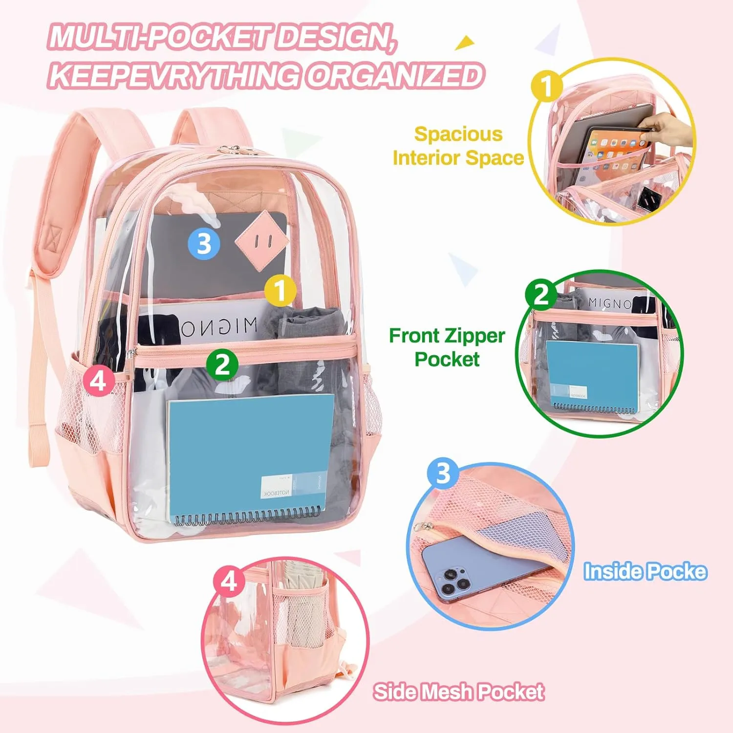 Clear Backpack, Heavy Duty See Through Book Bag for Work, Security, Concerts, College Transparent PVC bookback Stadium Approved, Light Pink