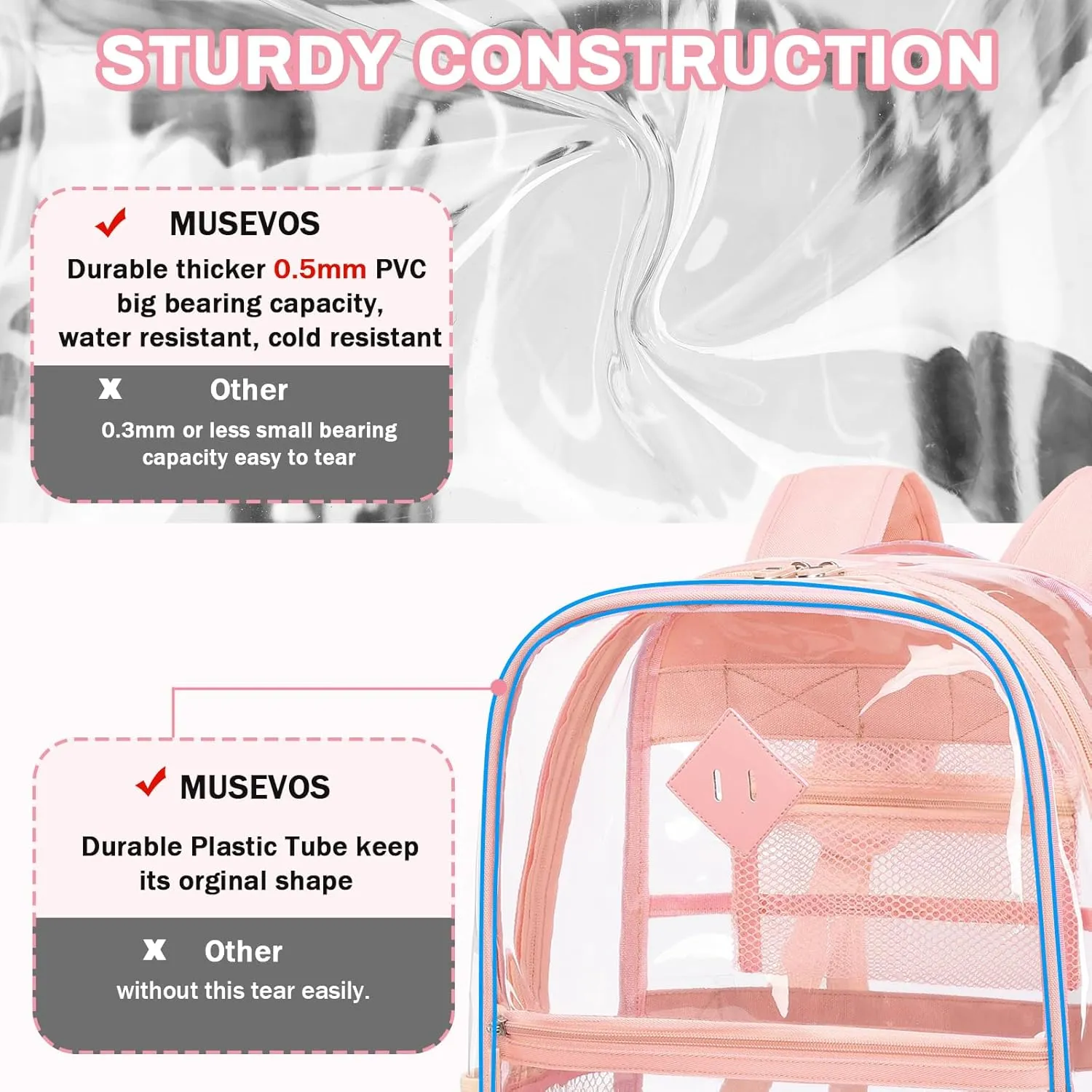 Clear Backpack, Heavy Duty See Through Book Bag for Work, Security, Concerts, College Transparent PVC bookback Stadium Approved, Light Pink