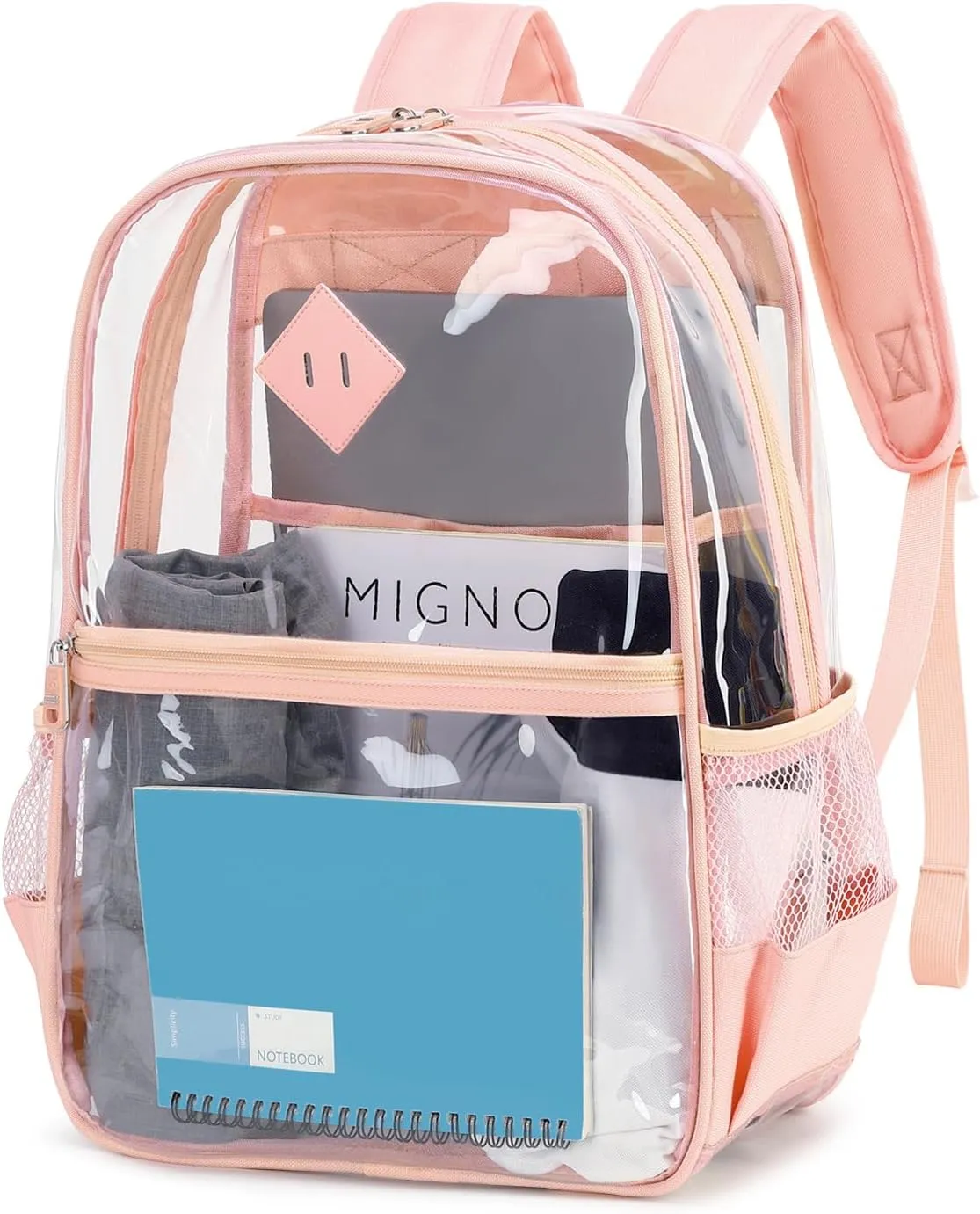 Clear Backpack, Heavy Duty See Through Book Bag for Work, Security, Concerts, College Transparent PVC bookback Stadium Approved, Light Pink