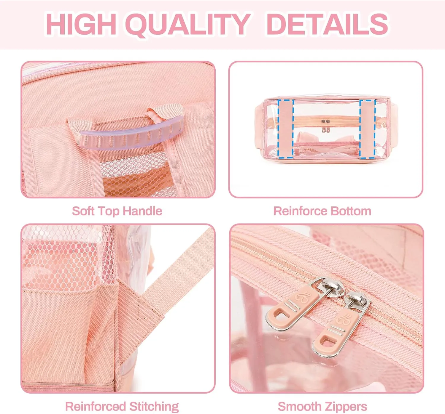 Clear Backpack, Heavy Duty See Through Book Bag for Work, Security, Concerts, College Transparent PVC bookback Stadium Approved, Light Pink