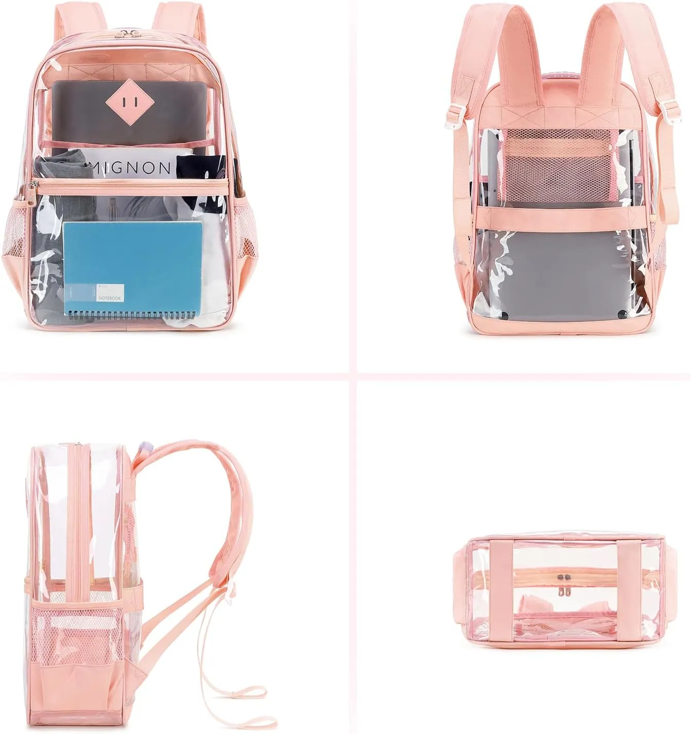 Clear Backpack, Heavy Duty See Through Book Bag for Work, Security, Concerts, College Transparent PVC bookback Stadium Approved, Light Pink