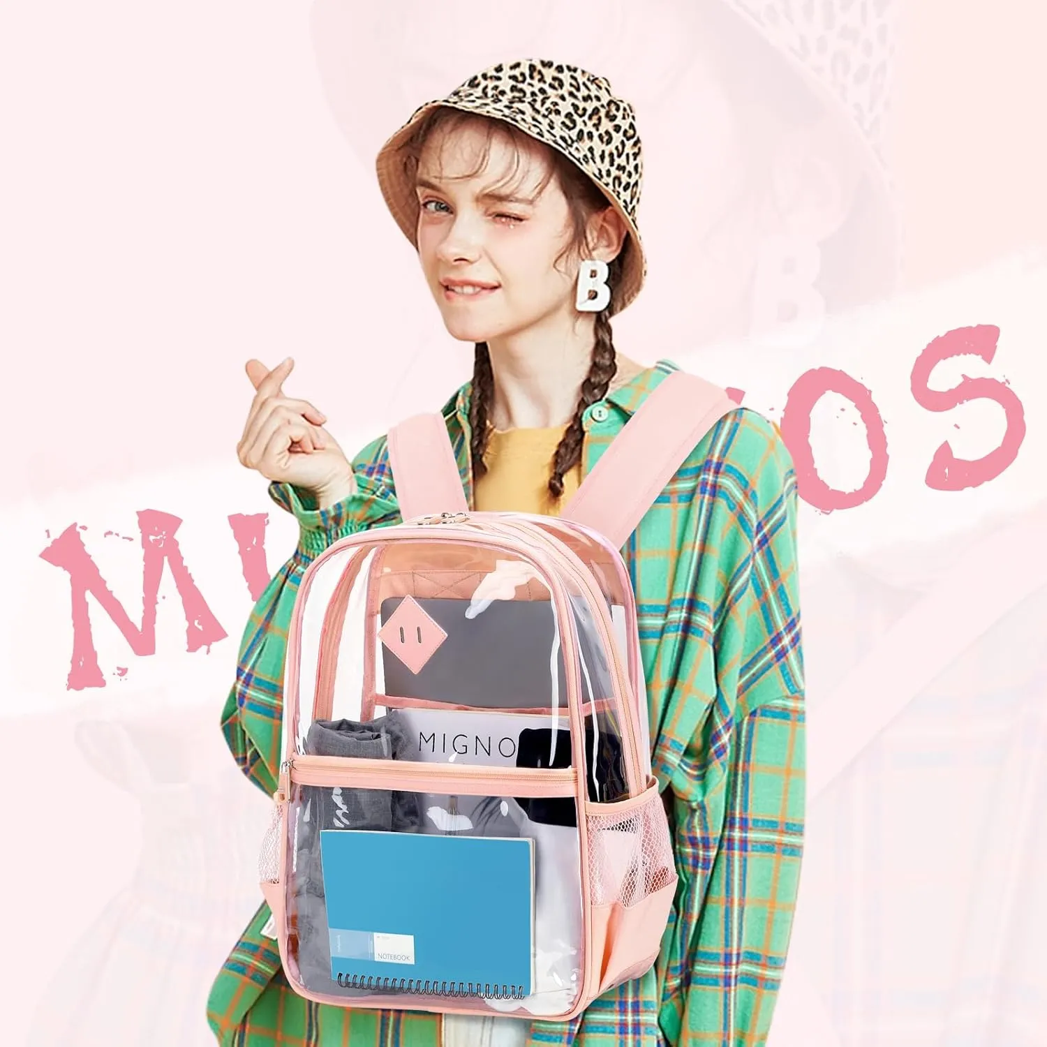 Clear Backpack, Heavy Duty See Through Book Bag for Work, Security, Concerts, College Transparent PVC bookback Stadium Approved, Light Pink