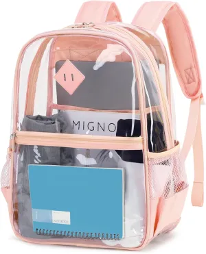 Clear Backpack, Heavy Duty See Through Book Bag for Work, Security, Concerts, College Transparent PVC bookback Stadium Approved, Light Pink