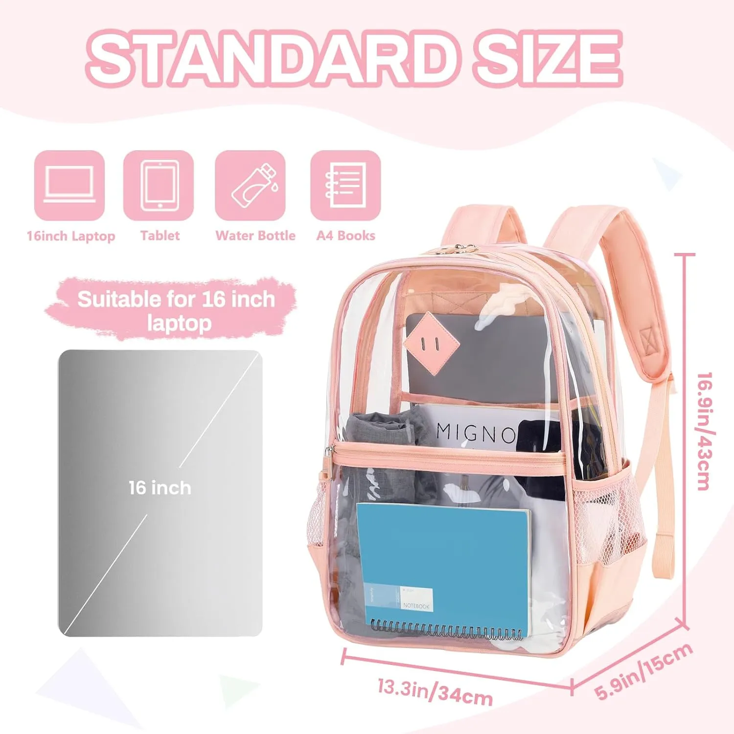 Clear Backpack, Heavy Duty See Through Book Bag for Work, Security, Concerts, College Transparent PVC bookback Stadium Approved, Light Pink