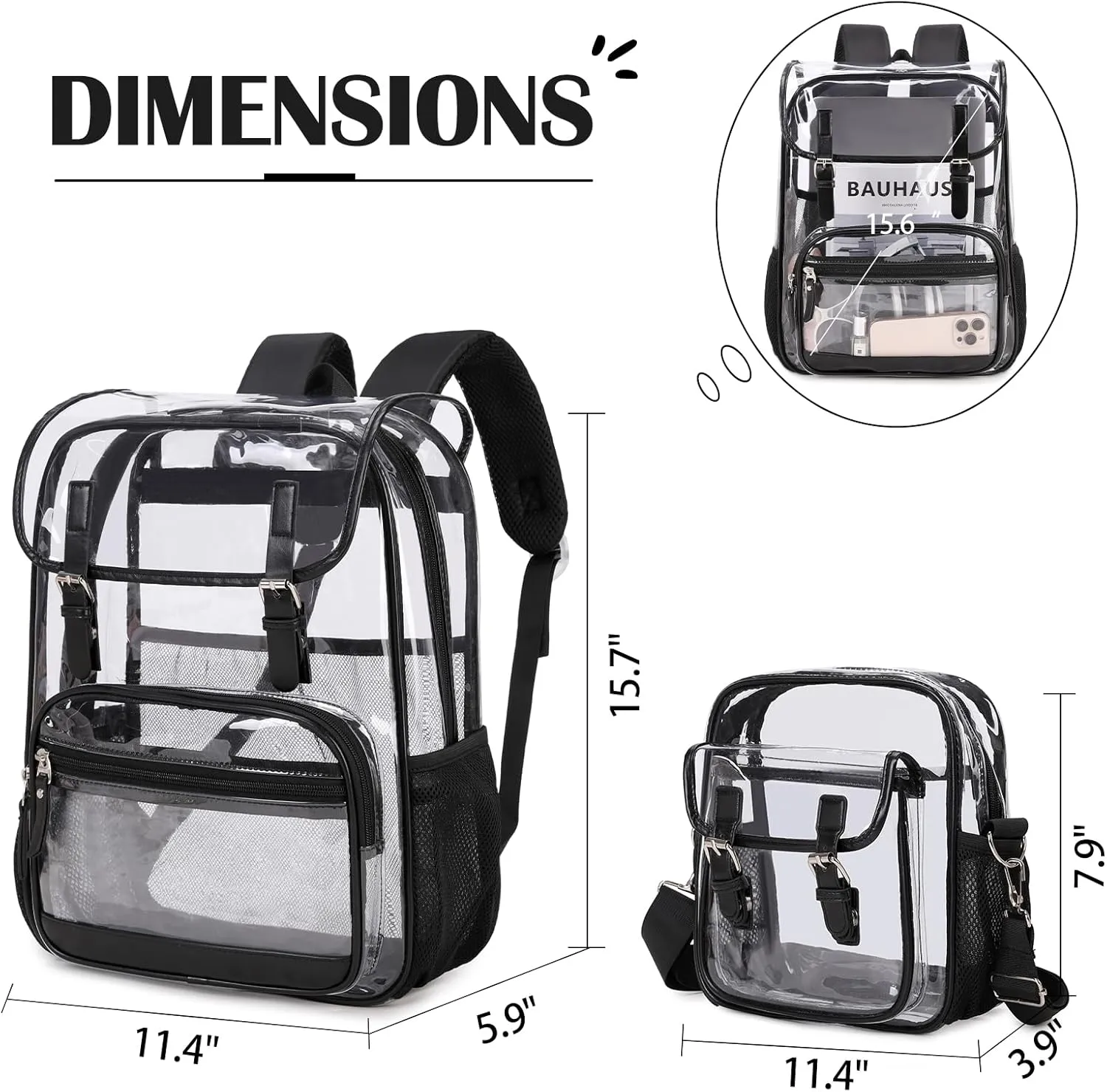 Clear Backpack Heavy Duty Thick - Clear Bookbag with Lunch Bag Set for School See Through PVC Transparent Backpacks for College Travel Work Girls Women (Black)