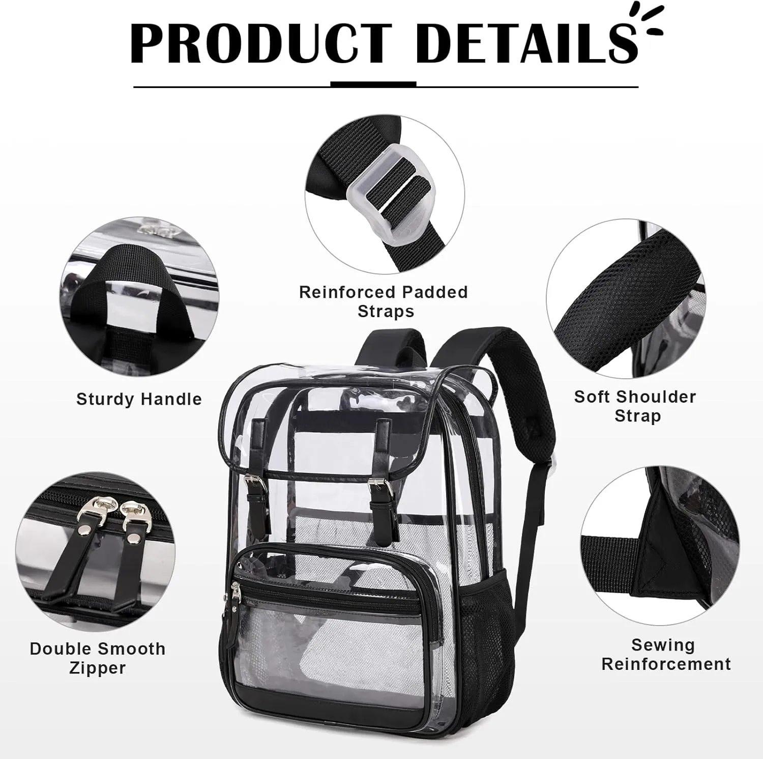 Clear Backpack Heavy Duty Thick - Clear Bookbag with Lunch Bag Set for School See Through PVC Transparent Backpacks for College Travel Work Girls Women (Black)