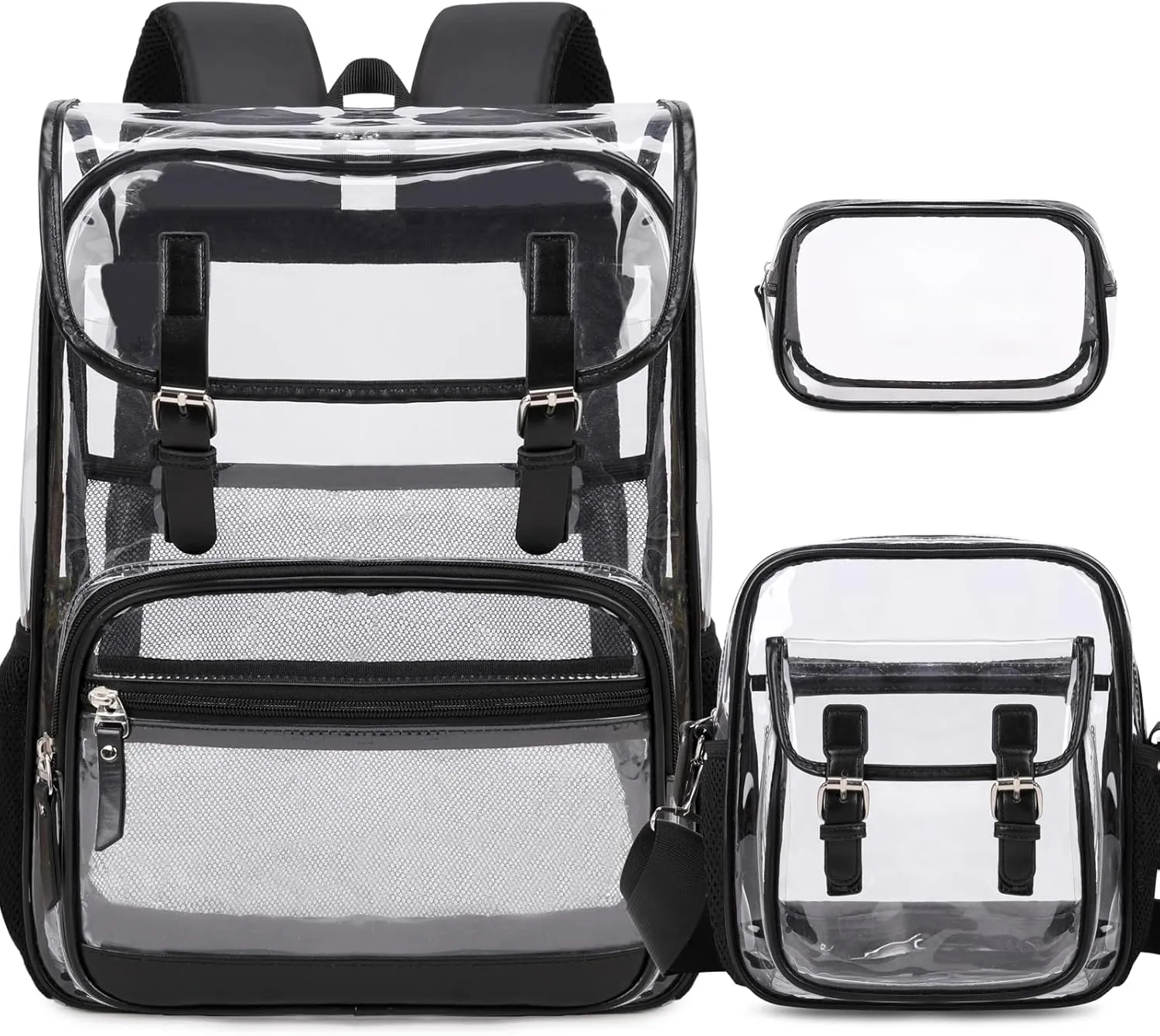 Clear Backpack Heavy Duty Thick - Clear Bookbag with Lunch Bag Set for School See Through PVC Transparent Backpacks for College Travel Work Girls Women (Black)