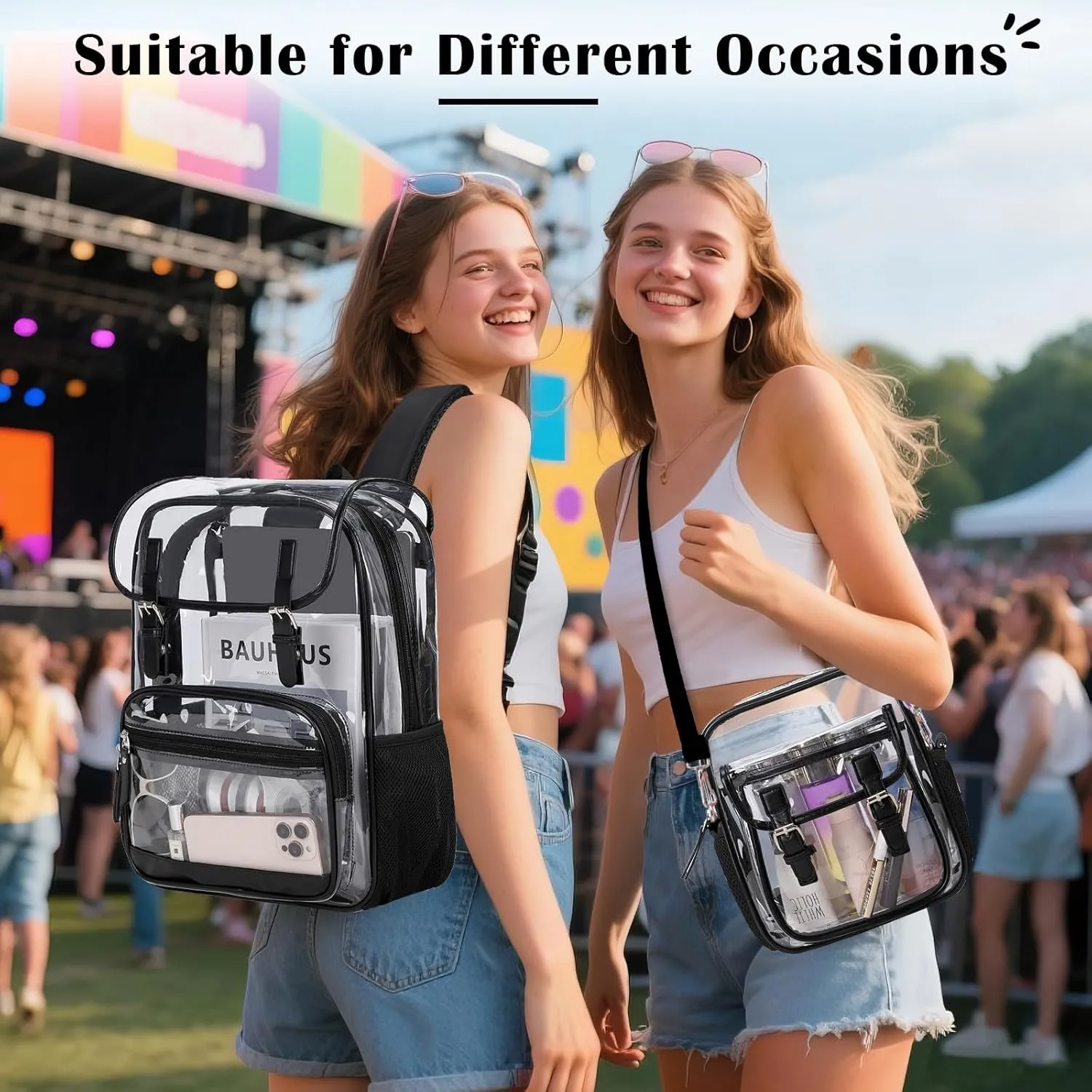 Clear Backpack Heavy Duty Thick - Clear Bookbag with Lunch Bag Set for School See Through PVC Transparent Backpacks for College Travel Work Girls Women (Black)