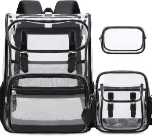 Clear Backpack Heavy Duty Thick - Clear Bookbag with Lunch Bag Set for School See Through PVC Transparent Backpacks for College Travel Work Girls Women (Black)