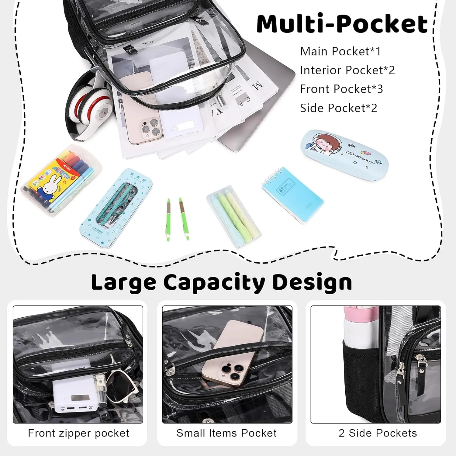 Clear Backpack Heavy Duty Thick - Clear Bookbag with Lunch Bag Set for School See Through PVC Transparent Backpacks for College Travel Work Girls Women (Black)