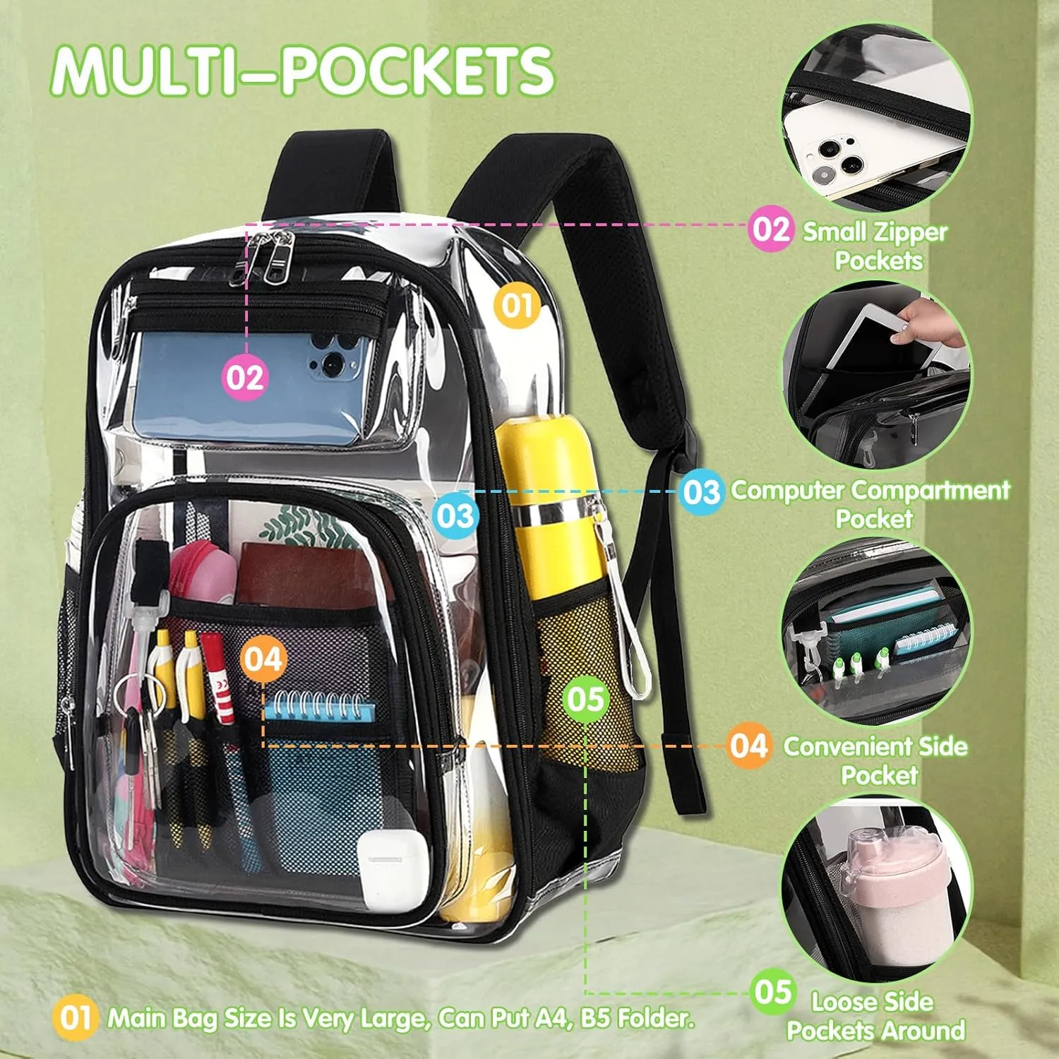 Clear Backpack Heavy Duty,Large Transparent Bookbag,PVC See Through Backpack for Stadium Security Work,H17 (Black)