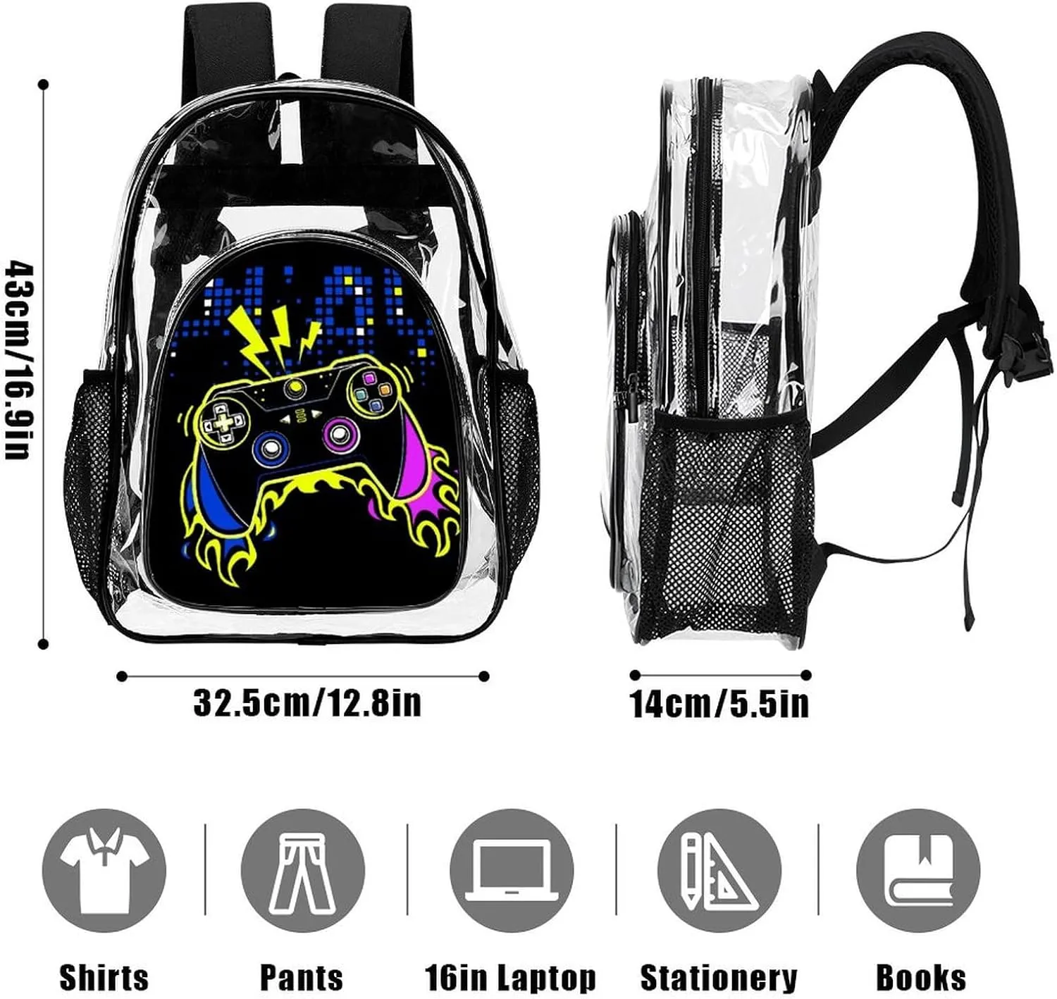 Clear Backpack Large Heavy Duty Video Joystick Fire Video Game PVC Transparent Backpack for Adults See Through Clear Bookbag for Sports, Work, Travel, College